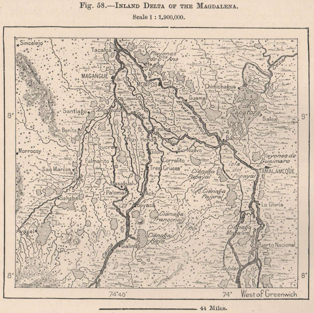 La Mojana. Magdalena inland delta. Magangue El Banco. Colombia 1885 old map